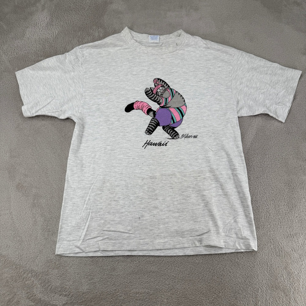 Vintage Crazy Shirt Mens Large Gray Kliban Cat Hawaii T-Shirt Preowned Stains